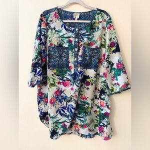 Fig and Flower Multicolor Floral Blouse, 2X, Spring Flowers Lightweight EUC